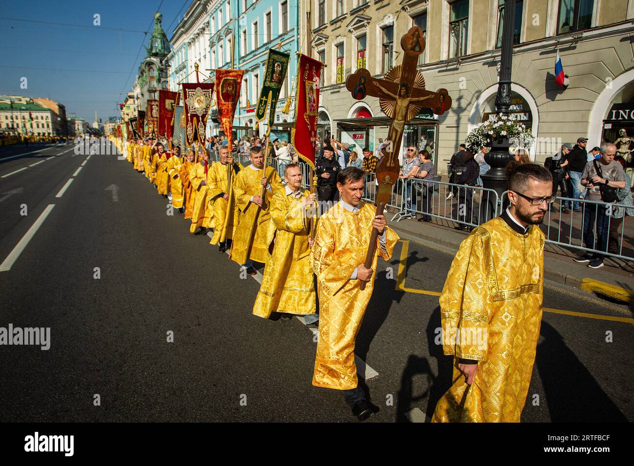 Orthodox priests walk during a religious procession along Nevsky ...