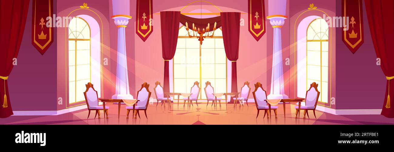 Dining room in royal palace. Vector cartoon illustration of spacious restaurant hall, vintage wooden tables and chairs, red cloth banners with golden emblem on ceiling, large victorian style windows Stock Vector