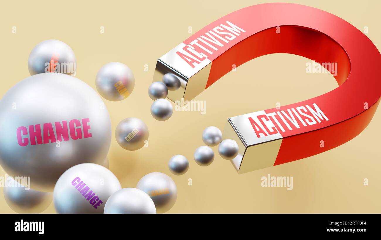 Activism which brings Change. A magnet metaphor in which activism attracts multiple parts of change. Cause and effect relation between activism and ch Stock Photo