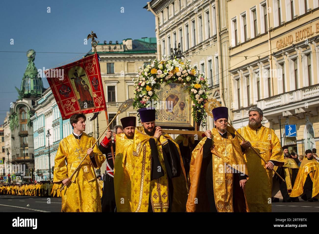 Orthodox priests walk during a religious procession along Nevsky ...