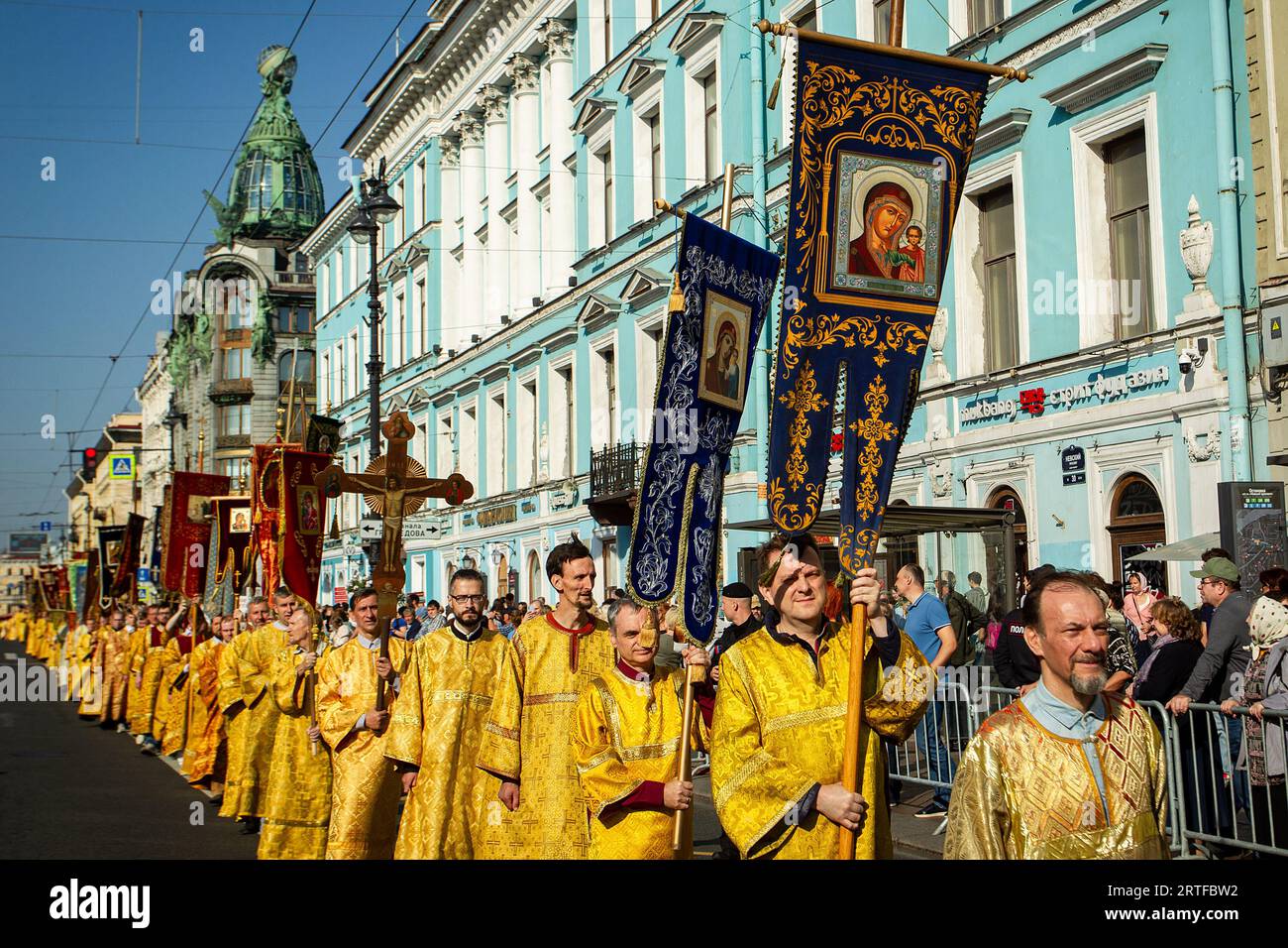 Orthodox priests walk during a religious procession along Nevsky ...