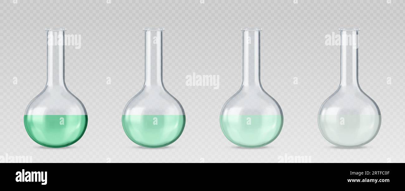 Chemistry measuring glass beakers filled with liquid from green to transparent color. Realistic set process of discoloration and purification in round laboratory flask. Science test tube and glassware Stock Vector