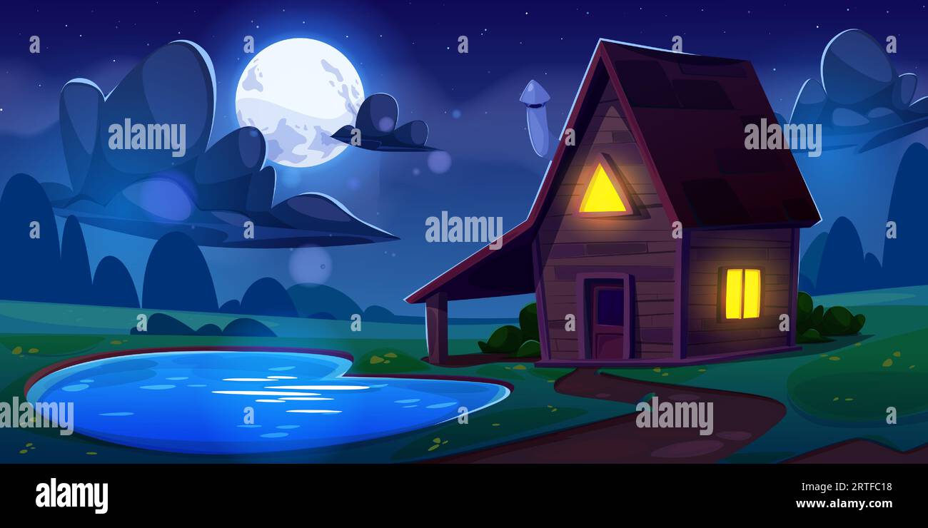 Wooden cabin on shore of lake at night. Cartoon evening landscape - wood house with light from windows, forest on horizon and sky with clouds and full moon. Peaceful chalet or cottage near water pond. Stock Vector