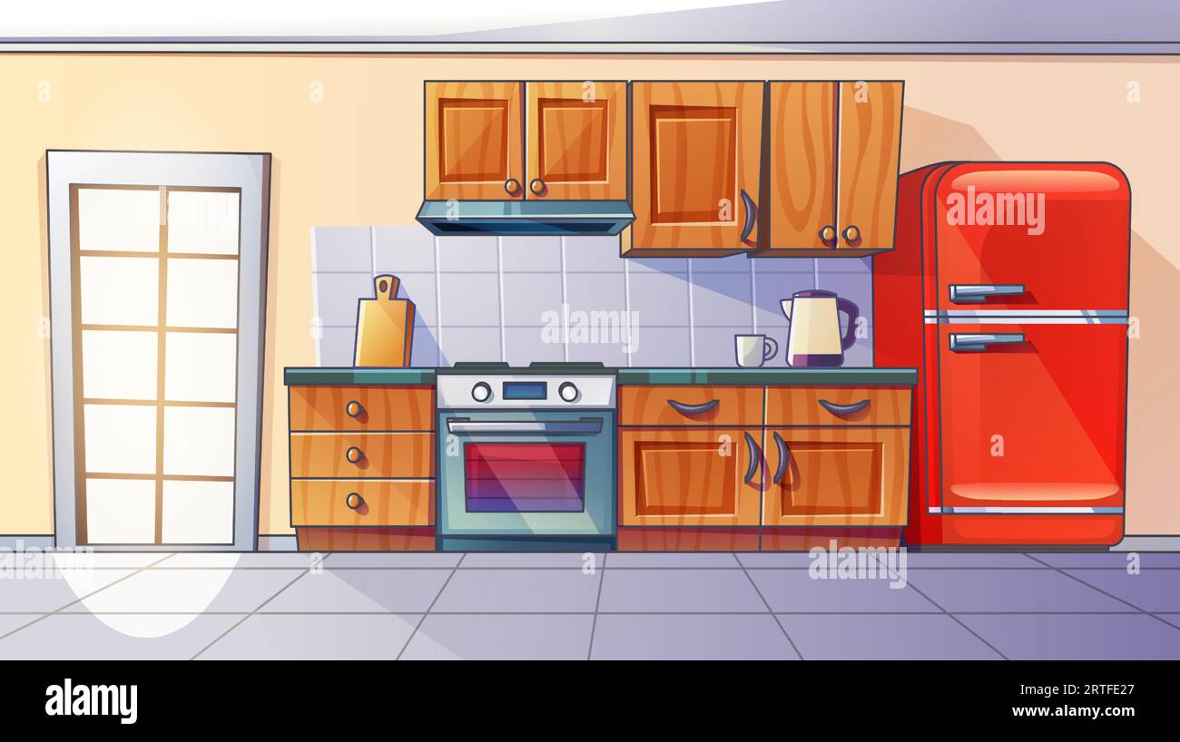 Cartoon kitchen room interior at home with fridge vector background. Cooking furniture inside house. Cozy apartment household with modular cupboard, refrigerator, cooker and kettle equipment. Stock Vector