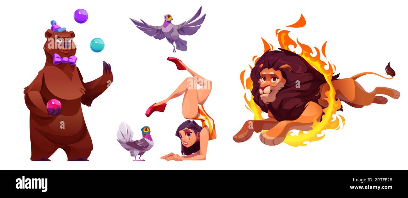 Carnival acrobat, lion, bear circus vector illustration. Cute animal show entertainment with girl character isolated icon set. Festival amusement performance with artist and exotic safari performer Stock Vector