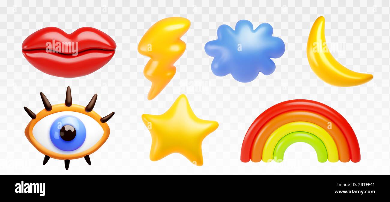 3d memphis liquid kid element eye and rainbow abstract shape. Y2k fluid graphic art isolated icon set. Puffy 90s plastic and inflated style minimal design glossy collection for vintage birthday party Stock Vector