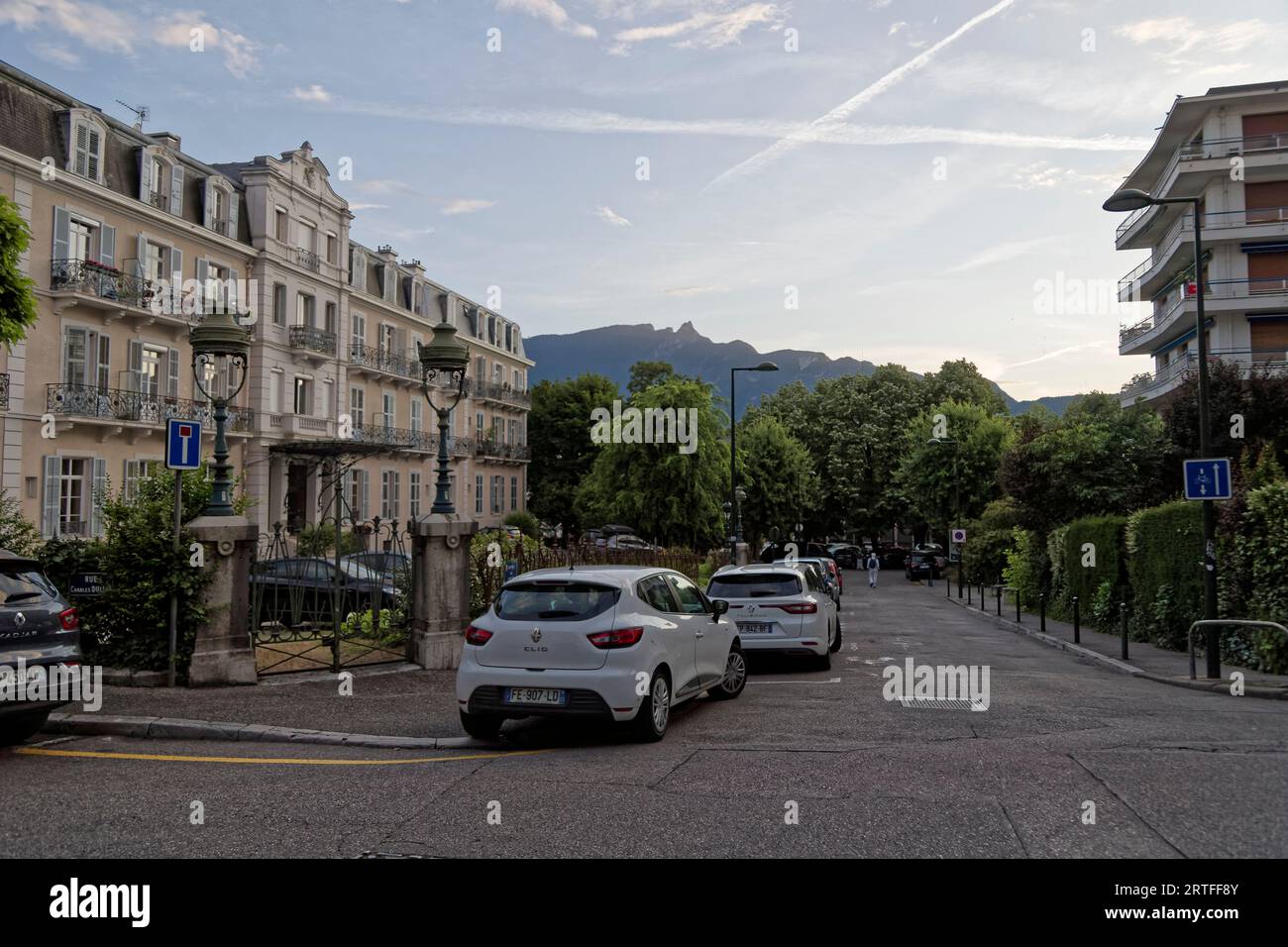 Aix-Les-Bains, France. 6th June, 2023. Street and a mountain in the background in Aix-les-Bains, Savoie, France Stock Photo