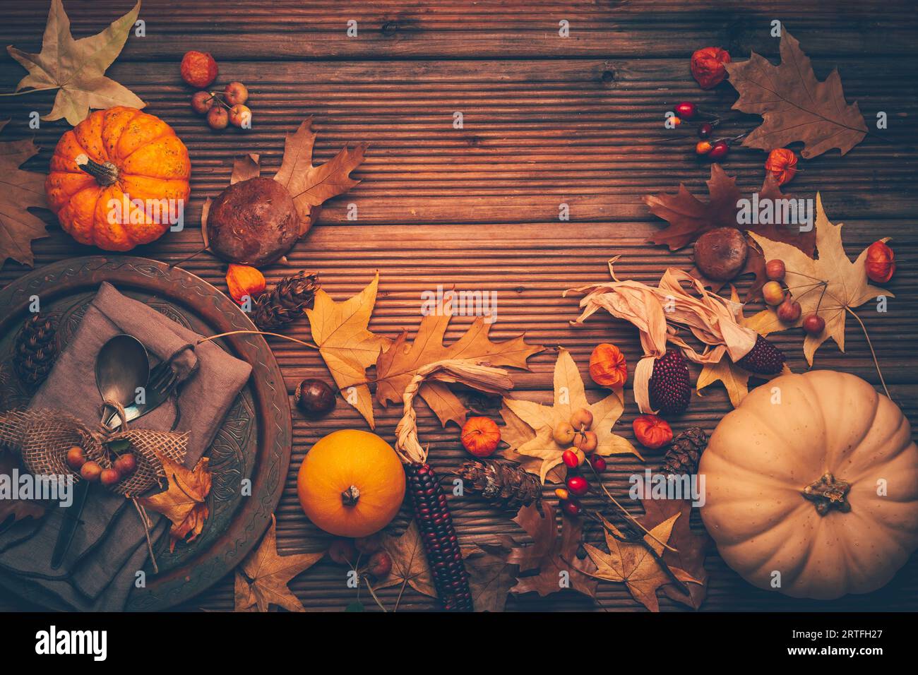 Autumn and Thanksgiving background with pumpkins and autumn leaves, place setting. Stock Photo