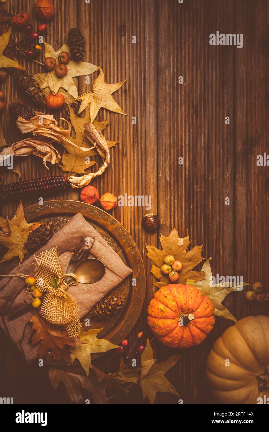 Autumn and Thanksgiving background with pumpkins and autumn leaves, place setting. Stock Photo