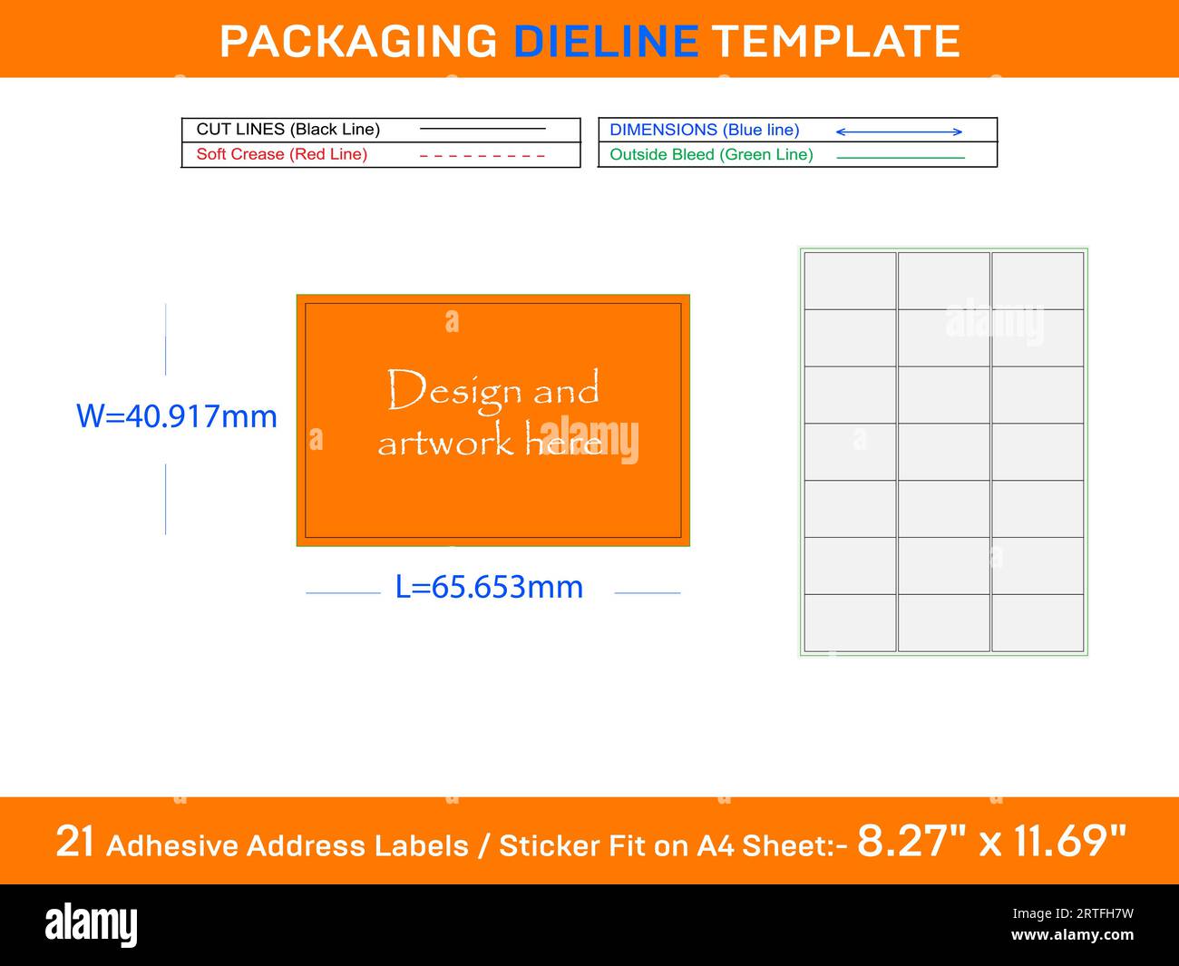 21 Adhesive Address Labels Die line Template 65.653 x 40.917mm Stock