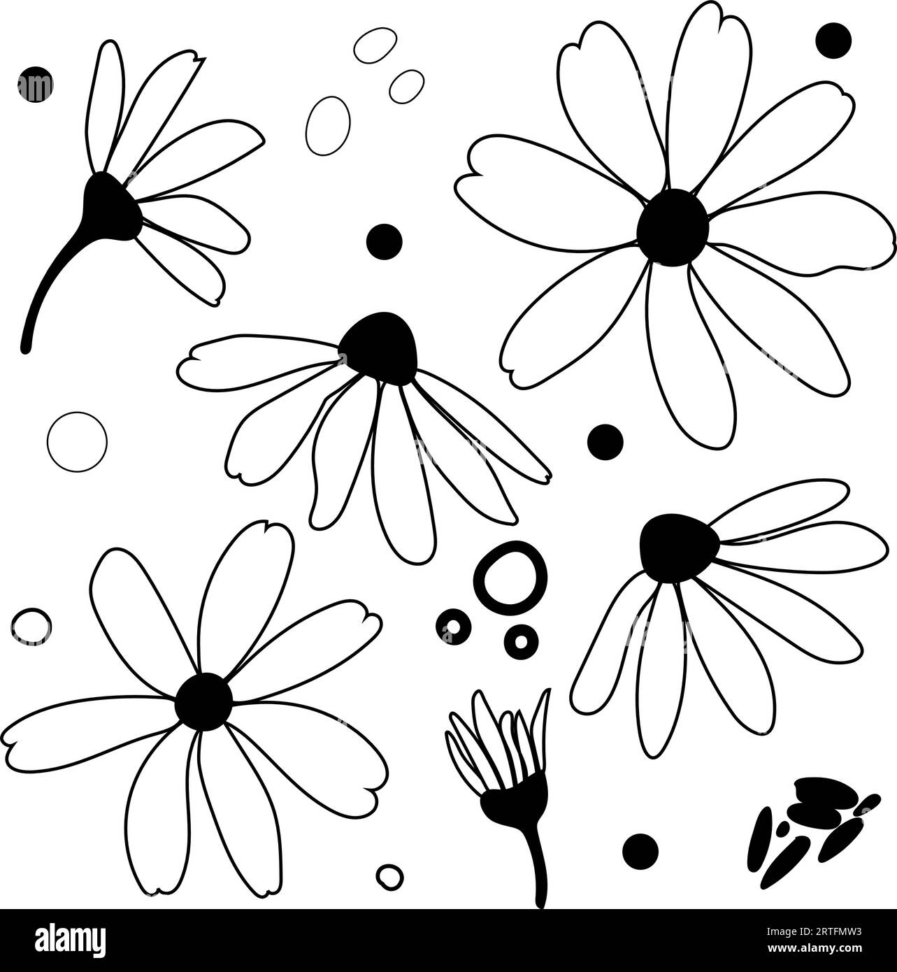 White daisy chamomile flowers. Camomile vector silhouette illustration set. Outline collection. Decoration element. Love card symbol. Flat design for Stock Vector