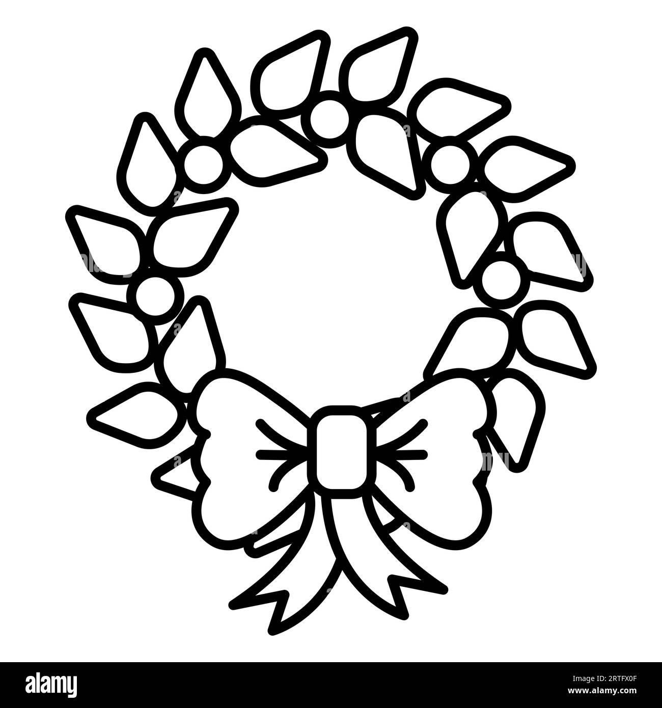 Black and white small simple linear icon of a beautiful festive New Year Christmas decoration for home, Christmas wreath isolated on a white backgroun Stock Vector
