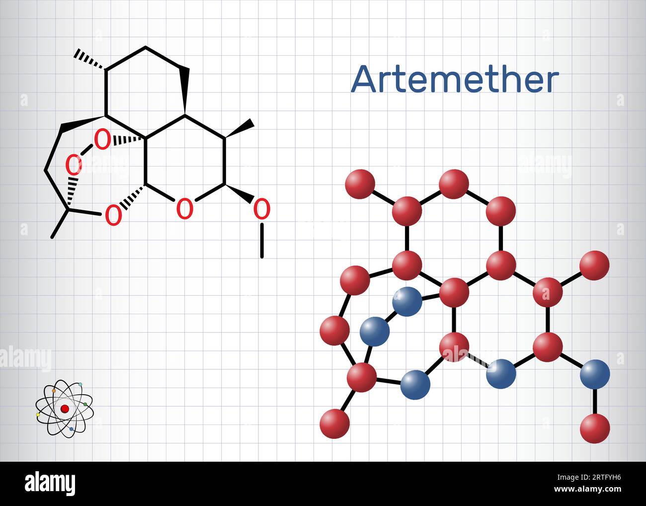Artemether molecule. It is used for the treatment of malaria. Structural chemical formula and molecule model. Sheet of paper in a cage. Vector illustr Stock Vector