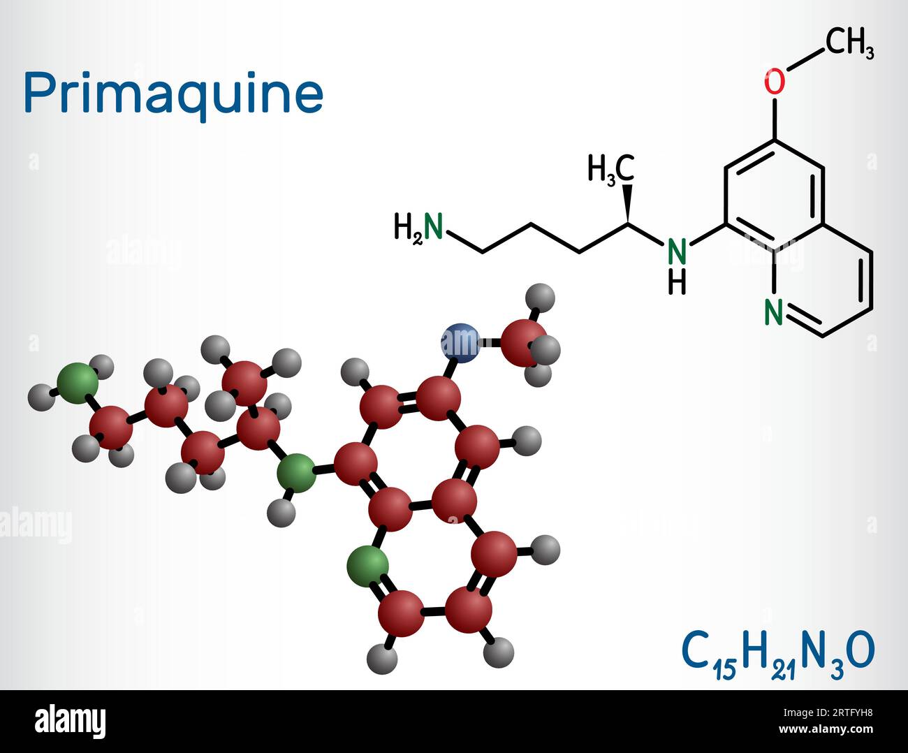 Primaquine molecule. It is aminoquinoline, used for therapy of malaria. Structural chemical formula, molecule model. Vector illustration Stock Vector