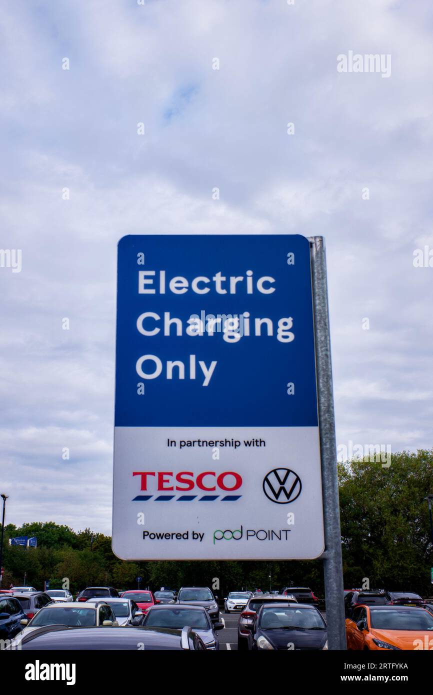 Electric Charging Points, Tesco car park, Lower High Street, Watford, Hertfordshire, England, UK Stock Photo