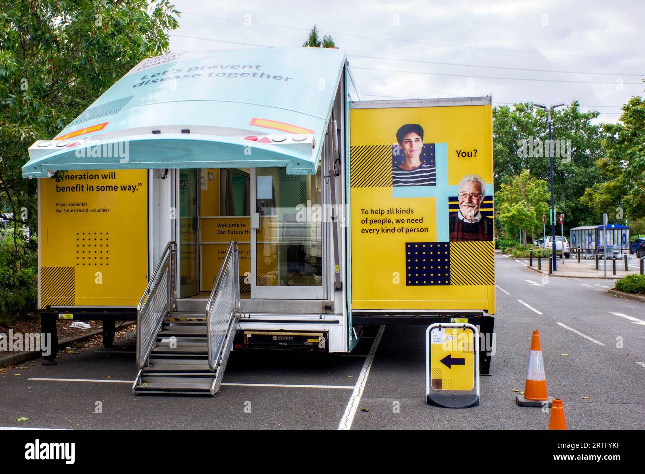 Our Future Health mobile clinic, Tesco car park, Lower High Street, Watford, Hertfordshire, England, UK Stock Photo
