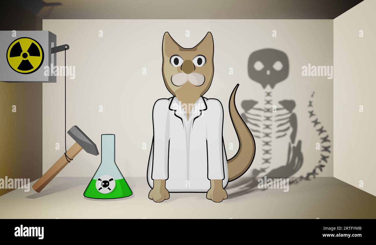 Illustration of Shroedinger cat in box with poison. Quantum theory and