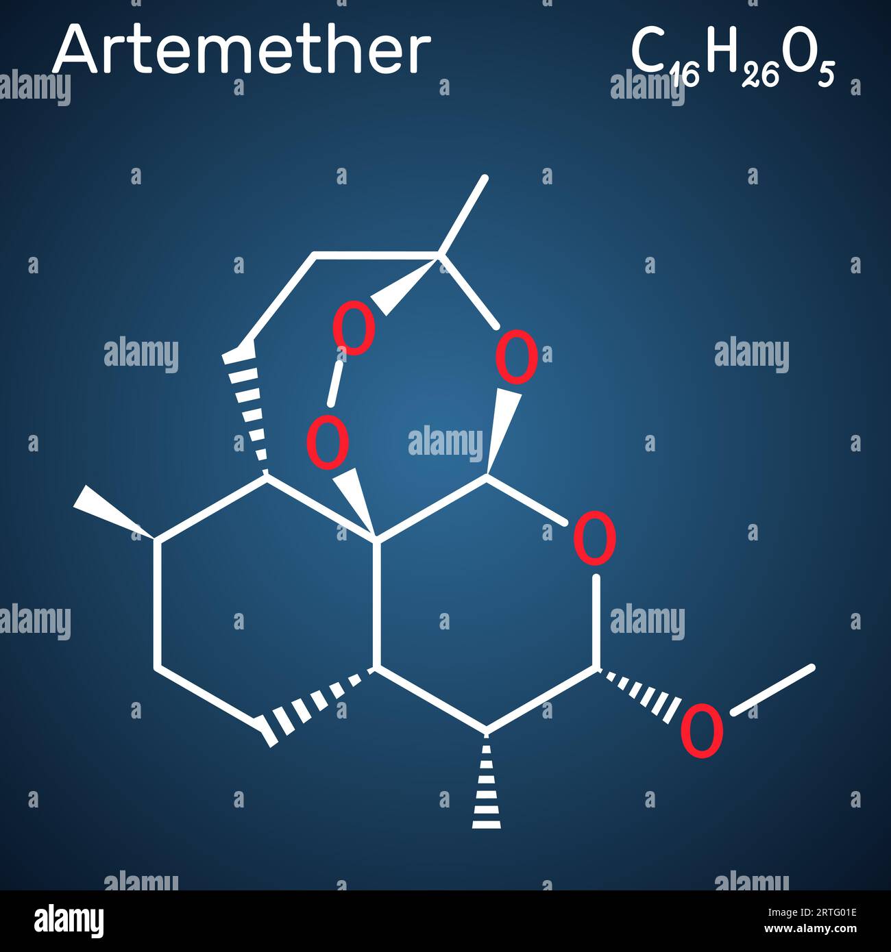 Artemether molecule. It is used for the treatment of malaria. Structural chemical formula on the dark blue background. Vector illustration Stock Vector