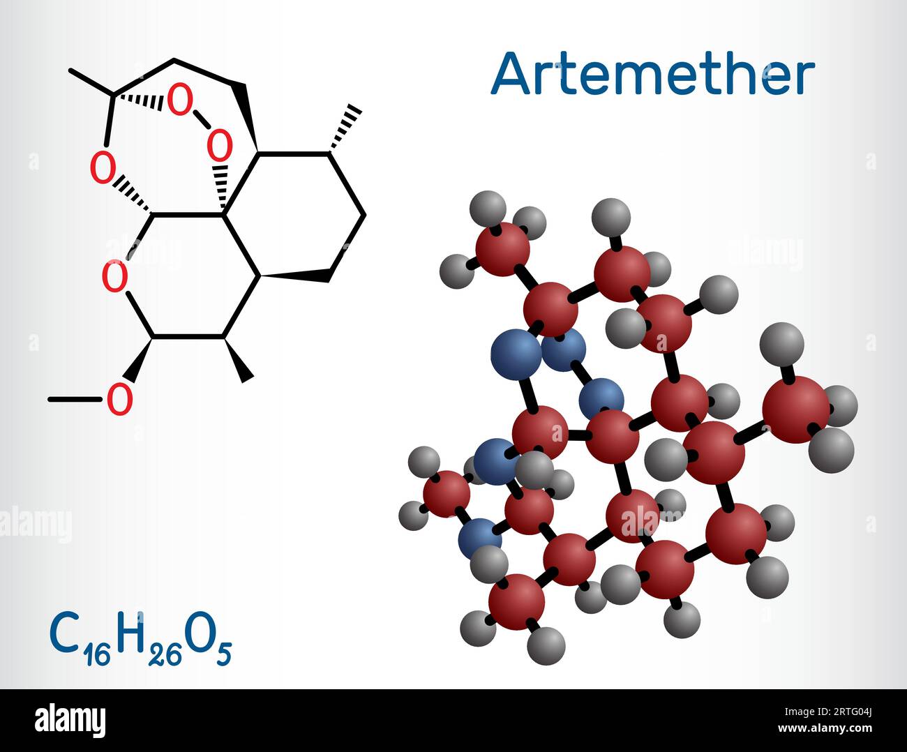 Artemether molecule. It is used for the treatment of malaria. Structural chemical formula and molecule model. Vector illustration Stock Vector
