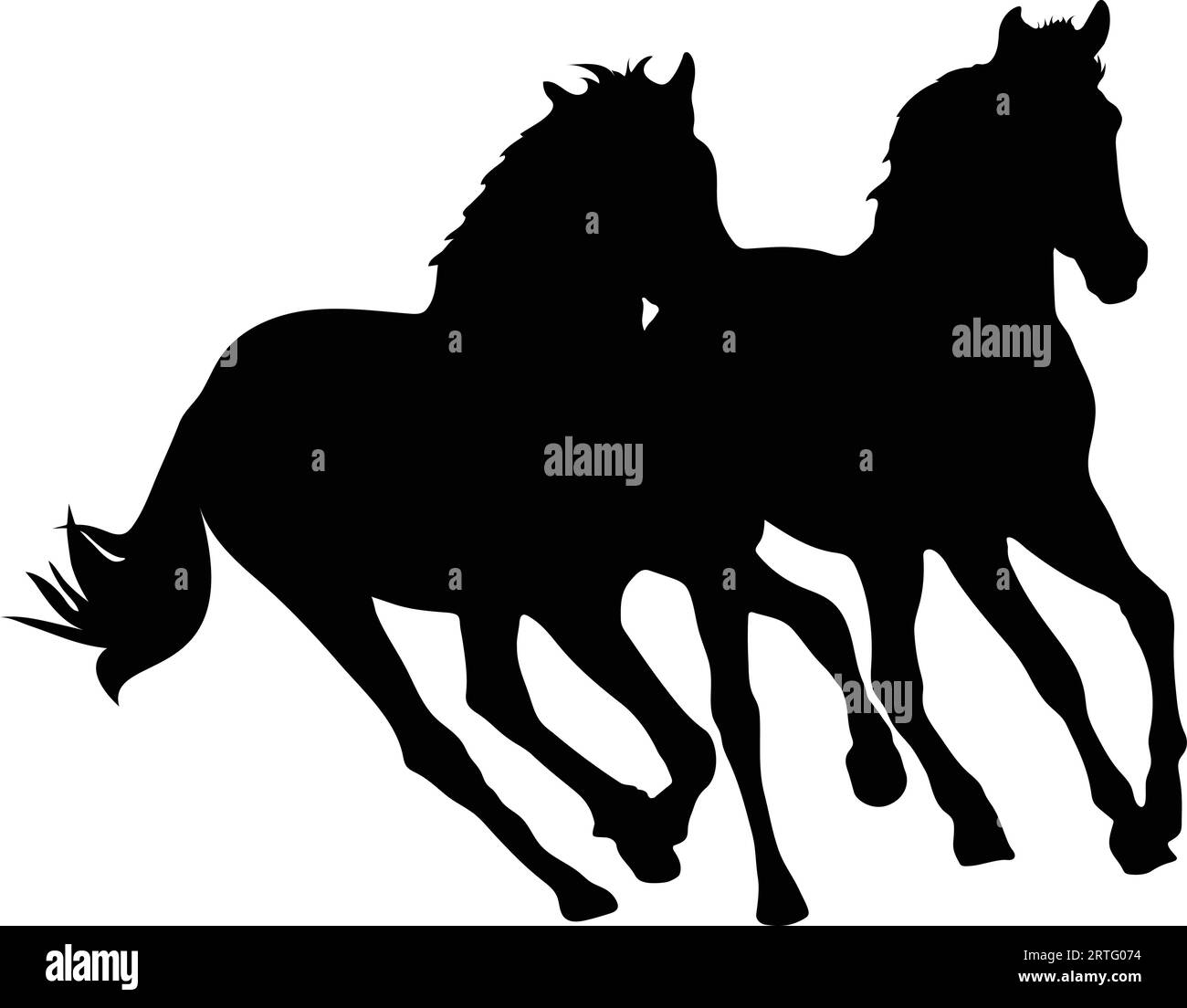 Two horses running together silhouette or vector Stock Vector