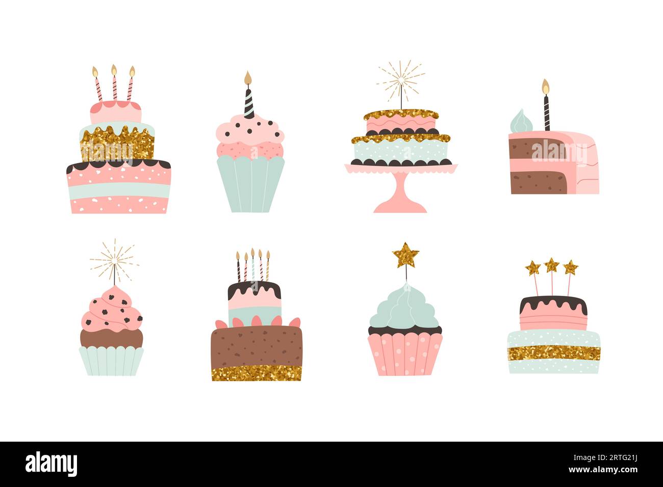 Happy birthday cakes vector collection. Festive deserts in flat cartoon ...