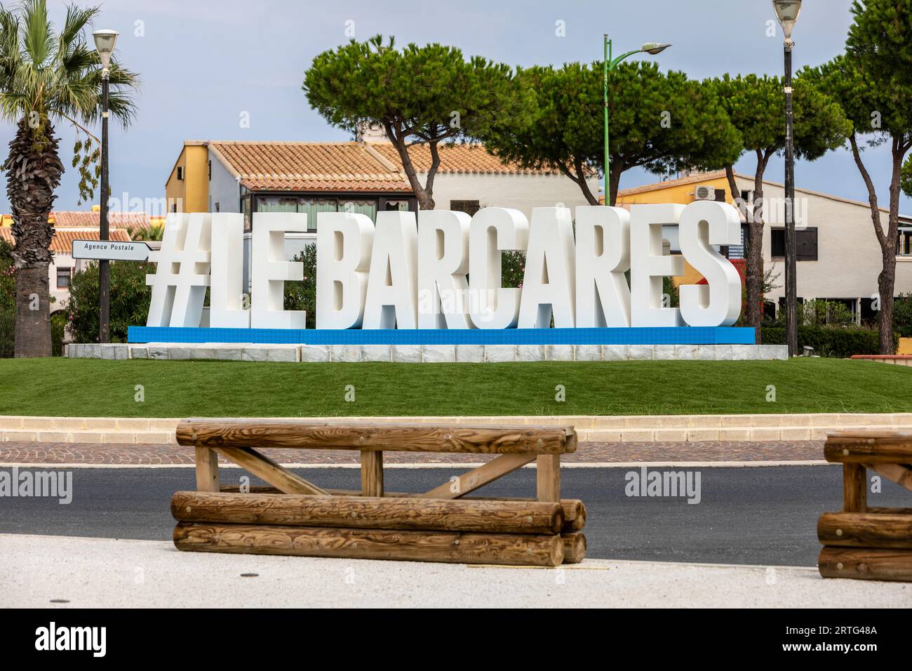 A large Le Barcares sign on a roundabout in Le Barcares, France Stock Photo