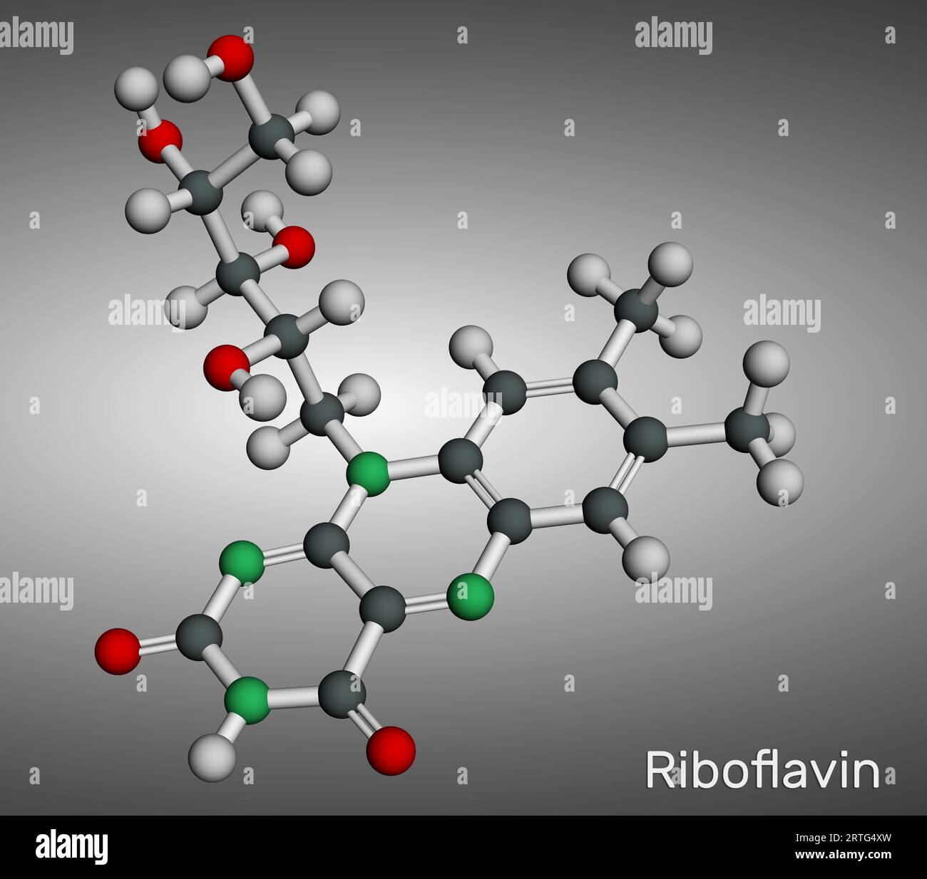 Riboflavin, vitamin B2 molecule. It is water-soluble flavin, is found in food, used as a dietary supplement E101. Molecular model. 3D rendering. Illus Stock Photo