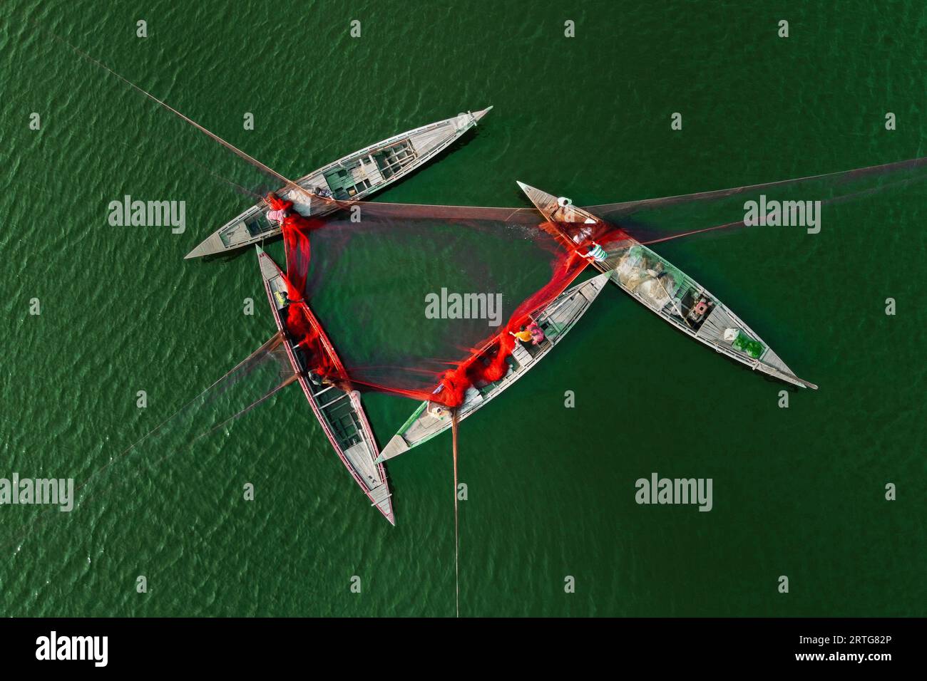 Bogra, Rajshahi, Bangladesh. 13th Sep, 2023. Fishermen stretch out an ...