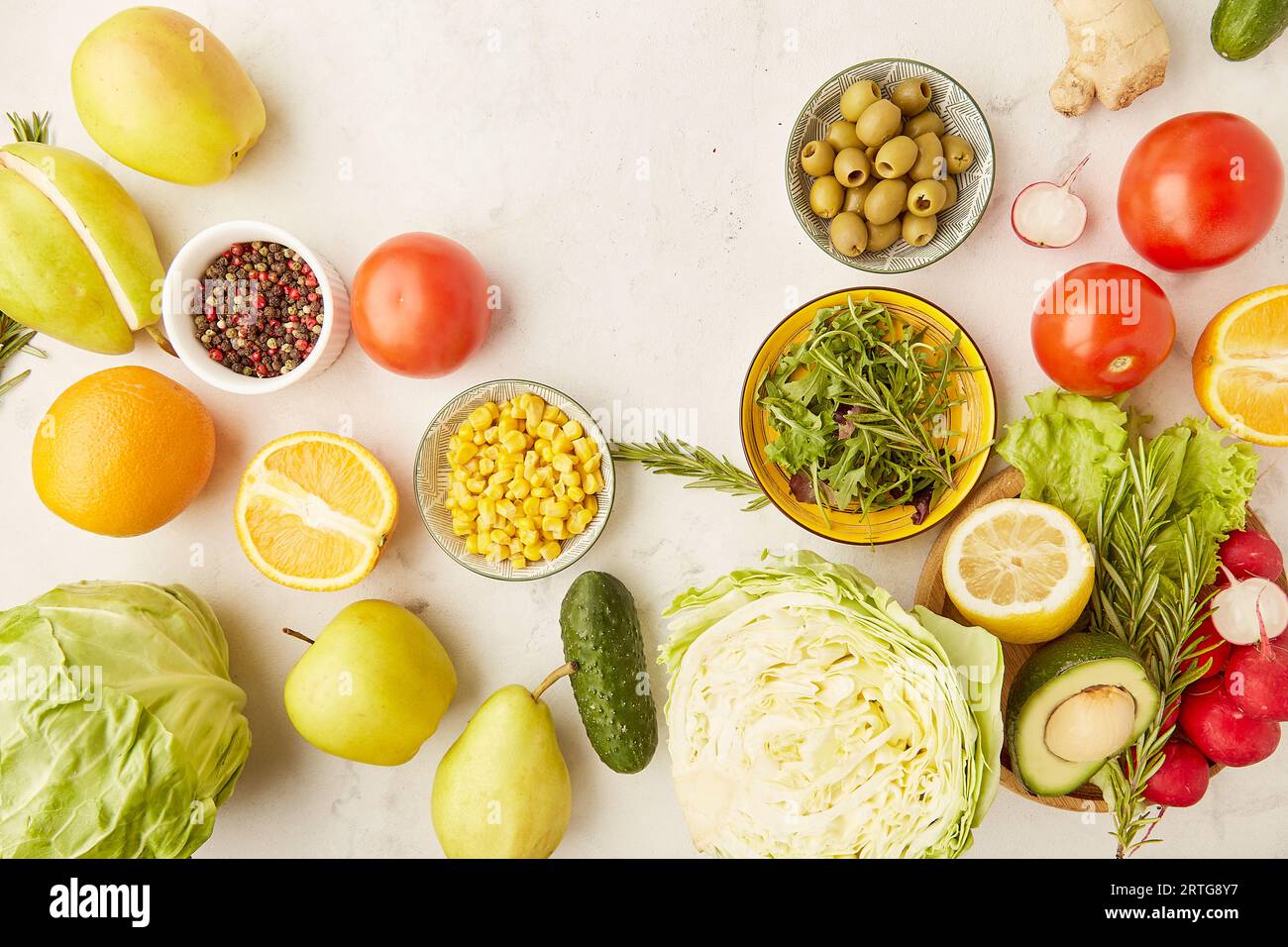 Detox, healthy lifestyle background. Vegetables, fruits, greens, citrus