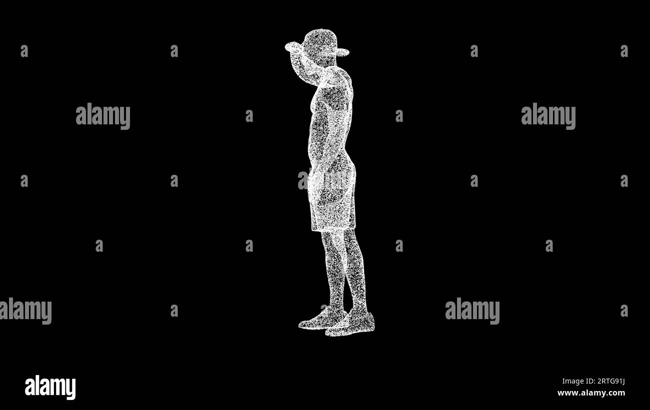 3D man using hand over forehead to look around on black background