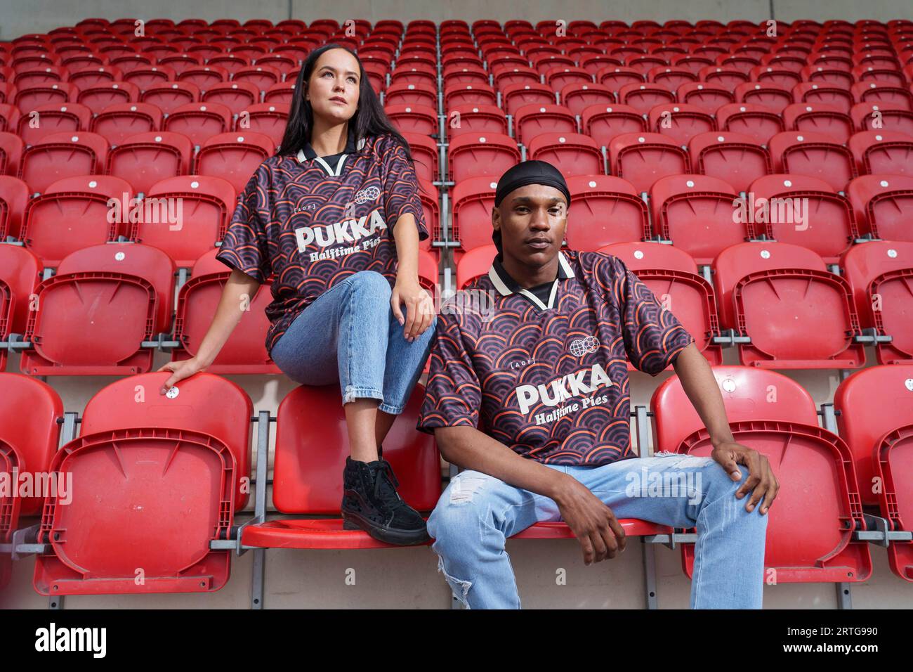 EDITORIAL USE ONLY Lexi and Edi model items from Pukka's clothing collaboration with Art of Football at Rotherham FC ahead of London Fashion week. Issue date: Wednesday September 13, 2023. Stock Photo