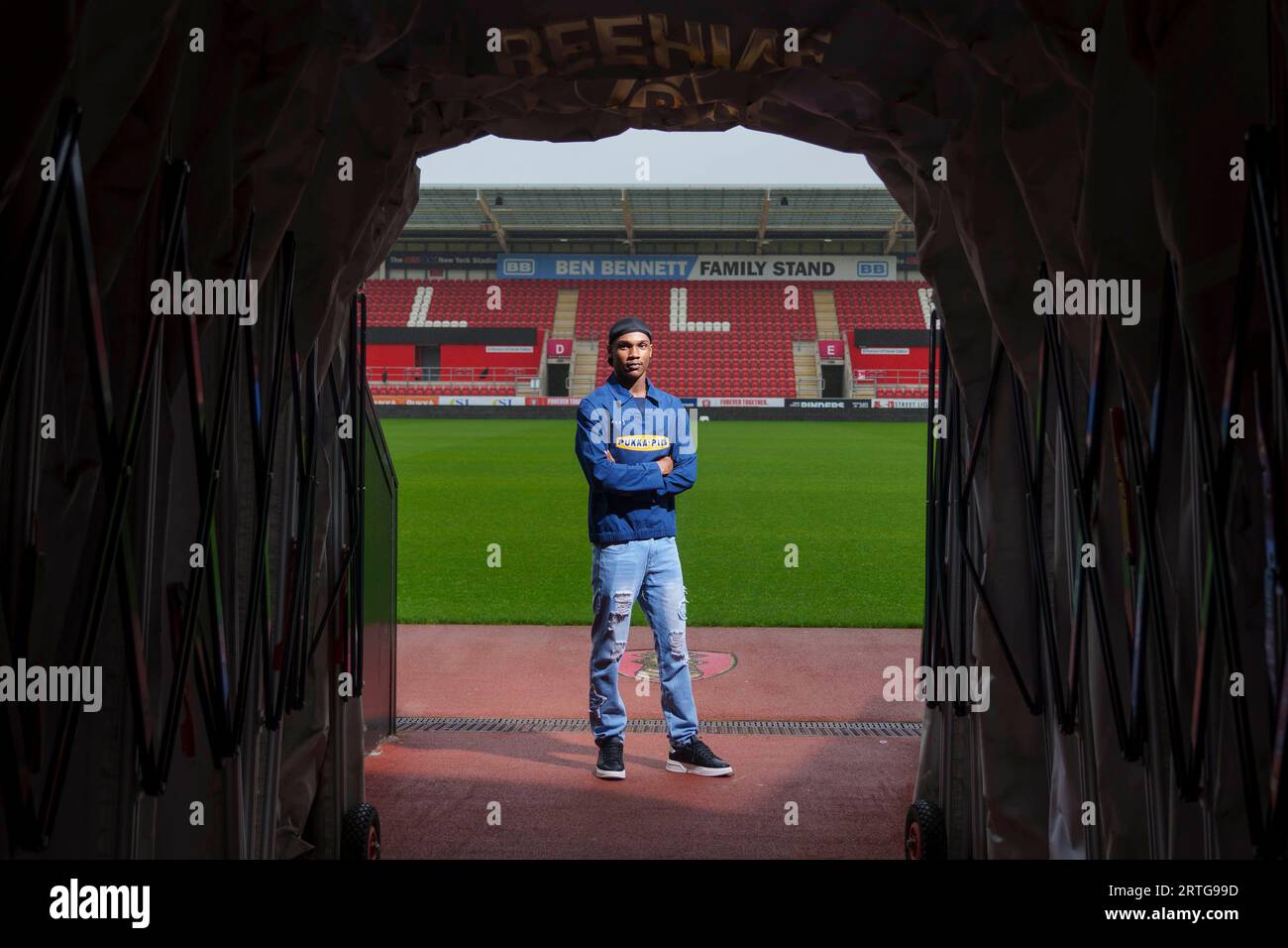 EDITORIAL USE ONLY Edi model items from Pukka's clothing collaboration with Art of Football at Rotherham FC ahead of London Fashion week. Issue date: Wednesday September 13, 2023. Stock Photo