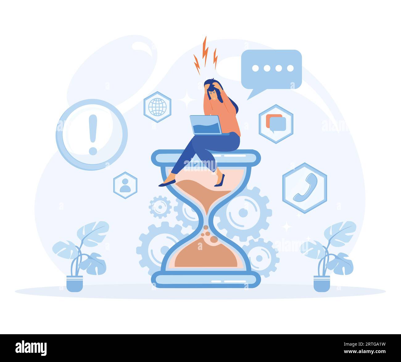 Stress in the office. Fast work, Tired and exasperated business woman is sitting on an hourglass and clutching her head with business process icons. f Stock Vector