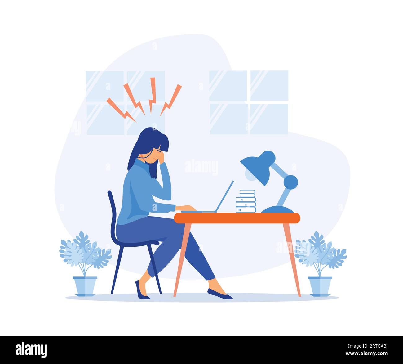 unwell at work. woman with headache, migraine, holding her head, stressed unhappy upset tired woman in office suffering from pain. flat vector modern Stock Vector
