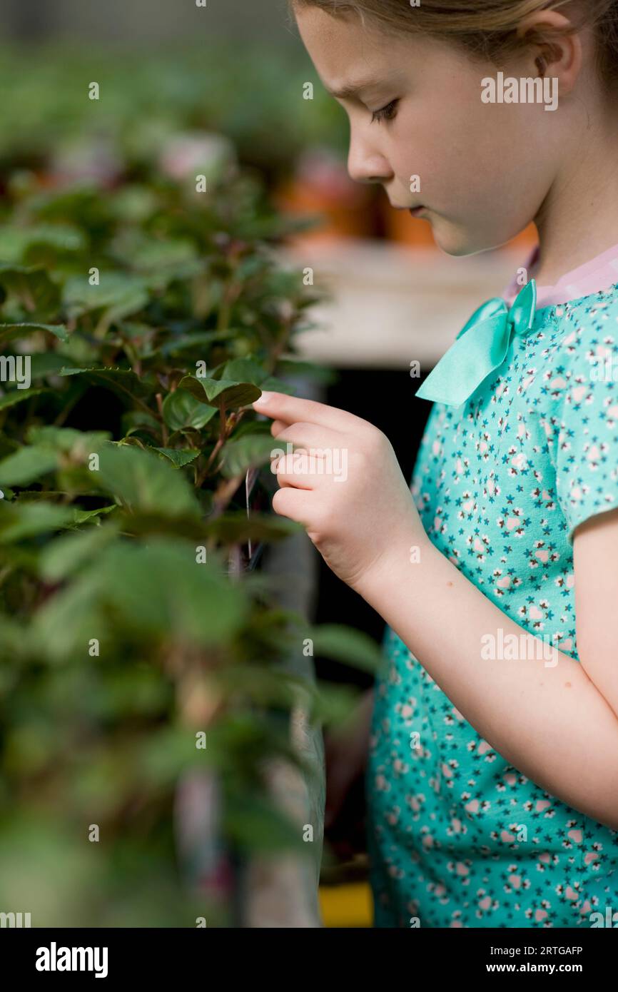 Young girl touching a plant in a nursery Stock Photo