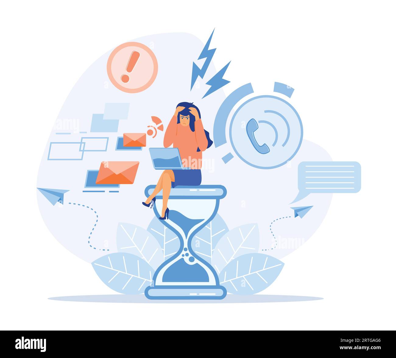 Stress in the office. Rush work. Deadline. Tired and annoyed business woman sitting on an hourglass and clutching her head. flat vector modern illustr Stock Vector