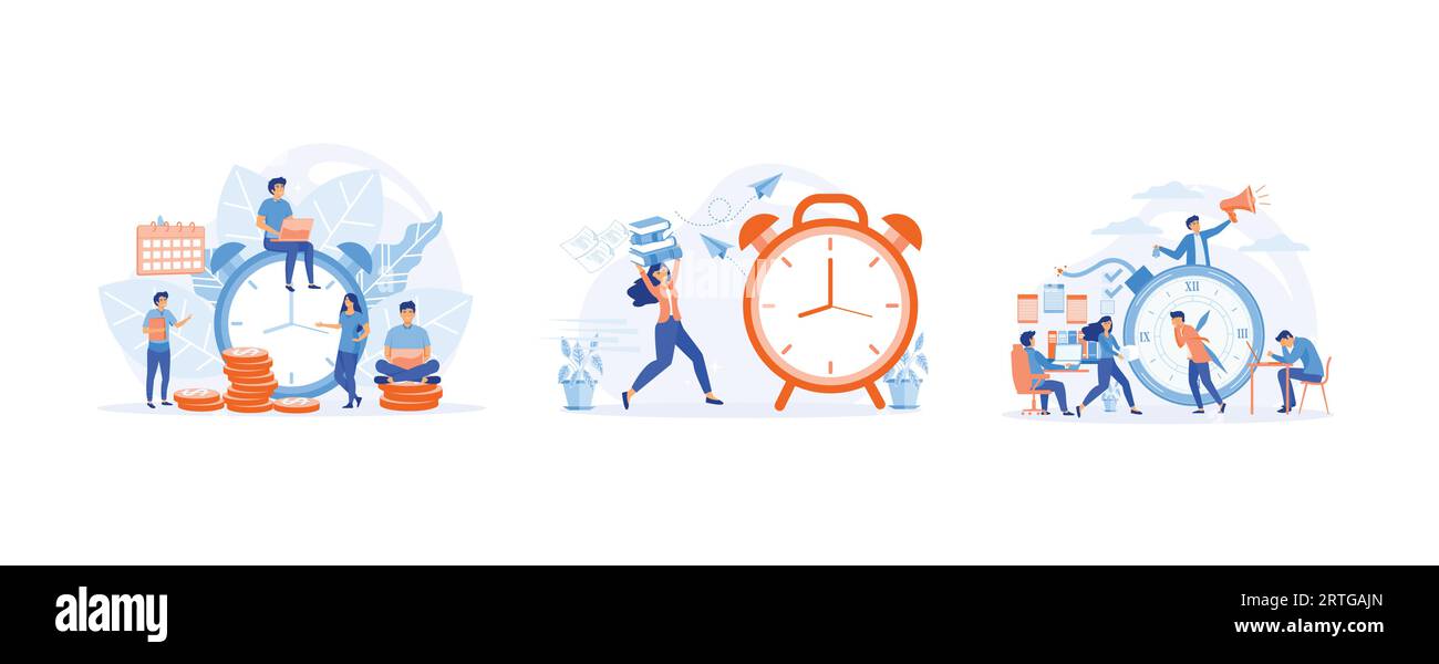 An Objective Assessment Possibilities Deadline. running in hurry to chase deadline. Office deadline. set flat vector modern illustration Stock Vector