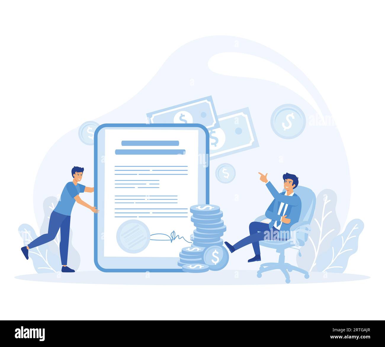 Satisfied businessman hold good financial notice. Positive decision and profitable money transaction conclusion. Loan approval message. flat vector mo Stock Vector
