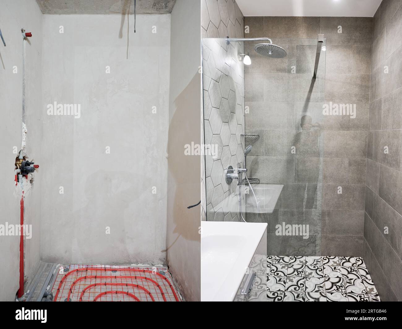 Apartment bathroom with heated floor before and after restoration ...