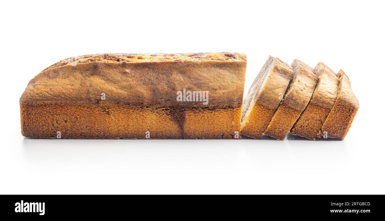 Marble sponge cake. Cake with cocoa and vanilla taste isolated on the white background. Stock Photo