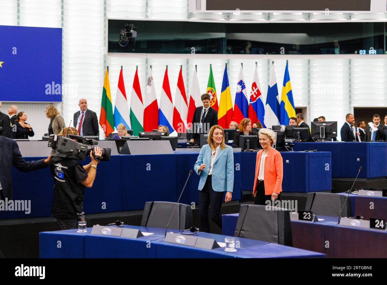 13 September 2023, France, Straßburg: Roberta Metsola (Partit Nazzjonalista), President of the European Parliament, and Ursula von der Leyen (CDU, EPP Group) walk together through the European Parliament building. In her State of the Union 2023 speech, Commission President von der Leyen will outline the priorities and flagship initiatives for the coming year. It is the last speech of this legislative period in the run-up to the 2024 European elections. Photo: Philipp von Ditfurth/dpa Stock Photo