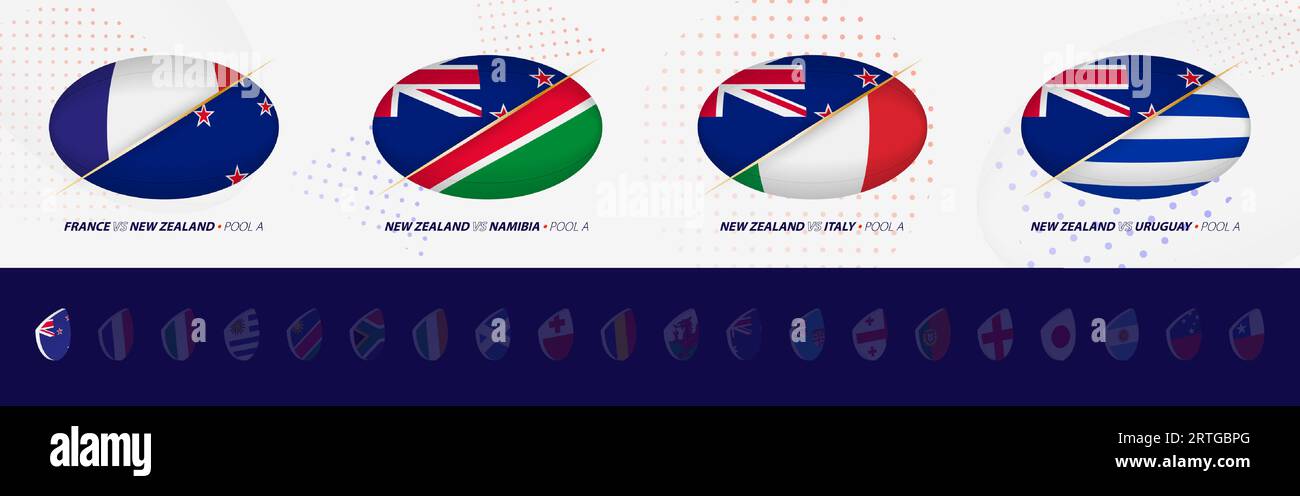 Rugby competition icons of New Zealand rugby national team, all four matches icon in pool. Vector set. Stock Vector
