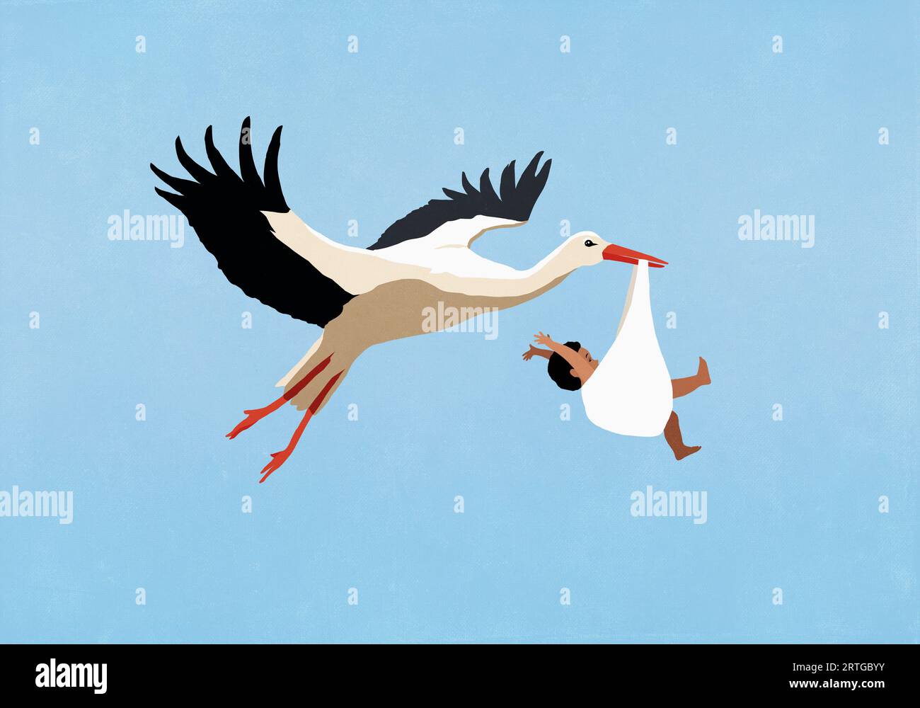 White Stork delivering baby boy, flying in blue sky Stock Photo