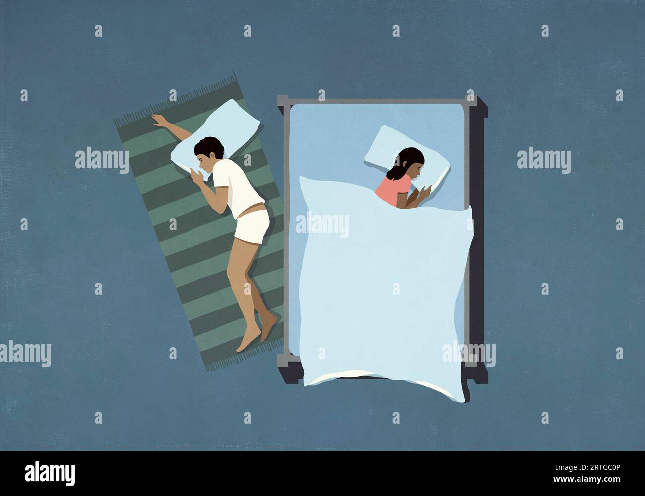 Husband sleeping on floor below wife in bed Stock Photo Alamy