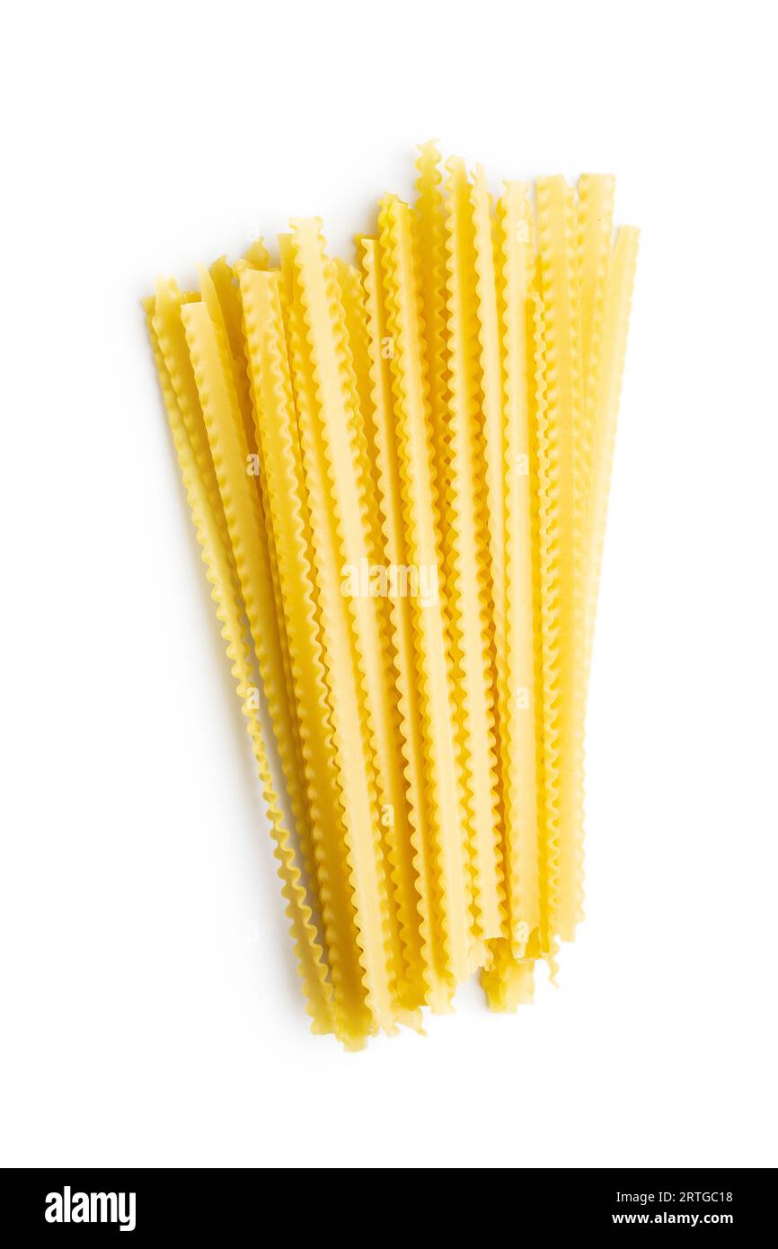 Uncooked mafaldine pasta. Raw long mafalda pasta isolated on the white