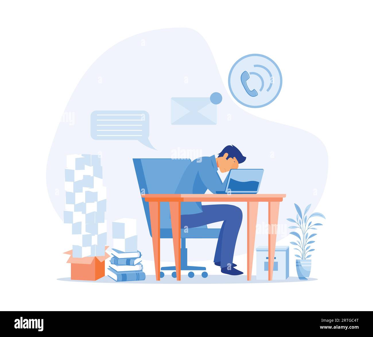 Stress in the office. Tired and agitated office worker clutching his head among piles of papers and documents. flat vector modern illustration Stock Vector