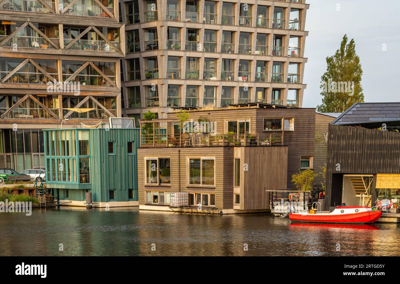 Amsterdam, The Netherlands, 16.08.2023, Modern homes at the sustainable floating community Schoonschip in the creative North of Amsterdam Stock Photo