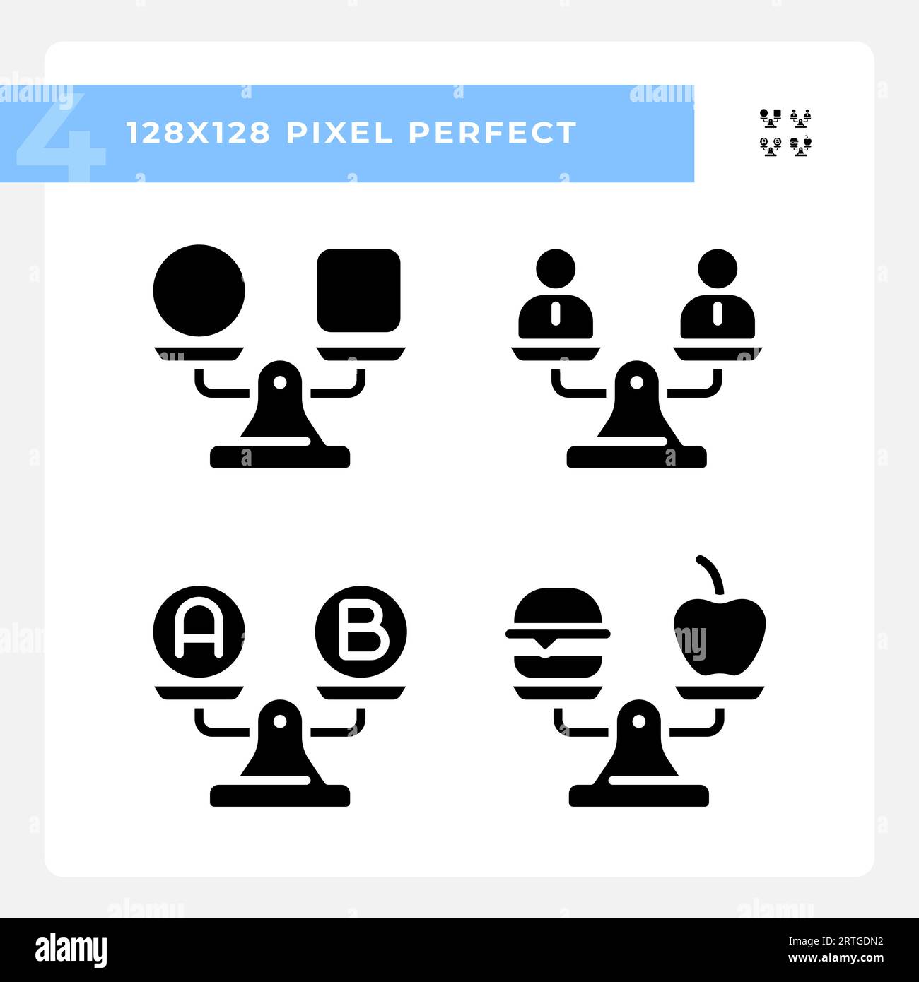 2D pixel perfect glyph style black comparisons icons Stock Vector