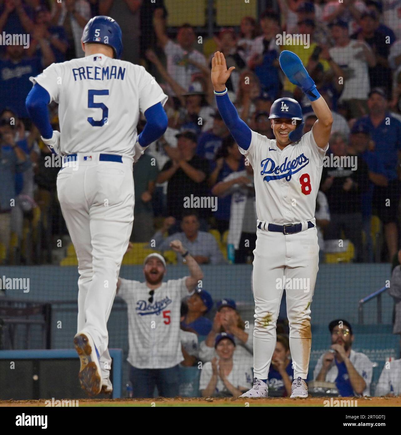 Los Angeles Dodgers first baseman Freddie Freeman is welcomed home after hitting a two-run home run off San Diego Padres starting pitcher Michael Wachs during the third inning at Dodger Stadium in Los Angeles on Tuesday September 12, 2023. Freeman celebrated his 34th birthday in style with four hits and four runs, smacking a two-run home run in the third inning and his major league-leading and franchise record-extending 55th double to right field in the eighth. He now has 121 runs on the season, a career-high. Photo by Jim Ruymen/UPI Stock Photo