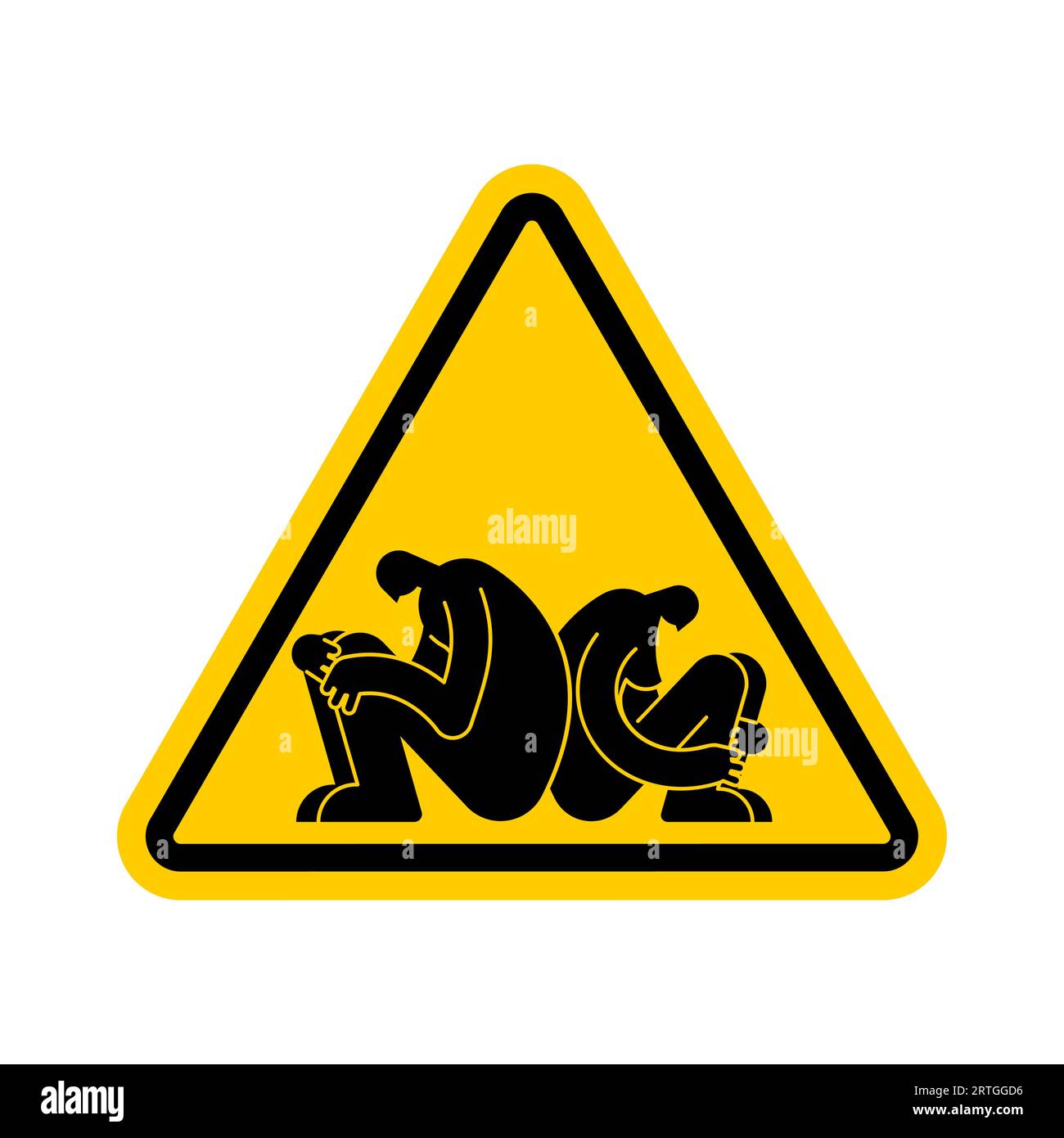 Attention relationships. Yellow triangular road sign Lovers' quarrel symbol. Caution Two people are sitting with their faces turned away. Pain and dis Stock Vector